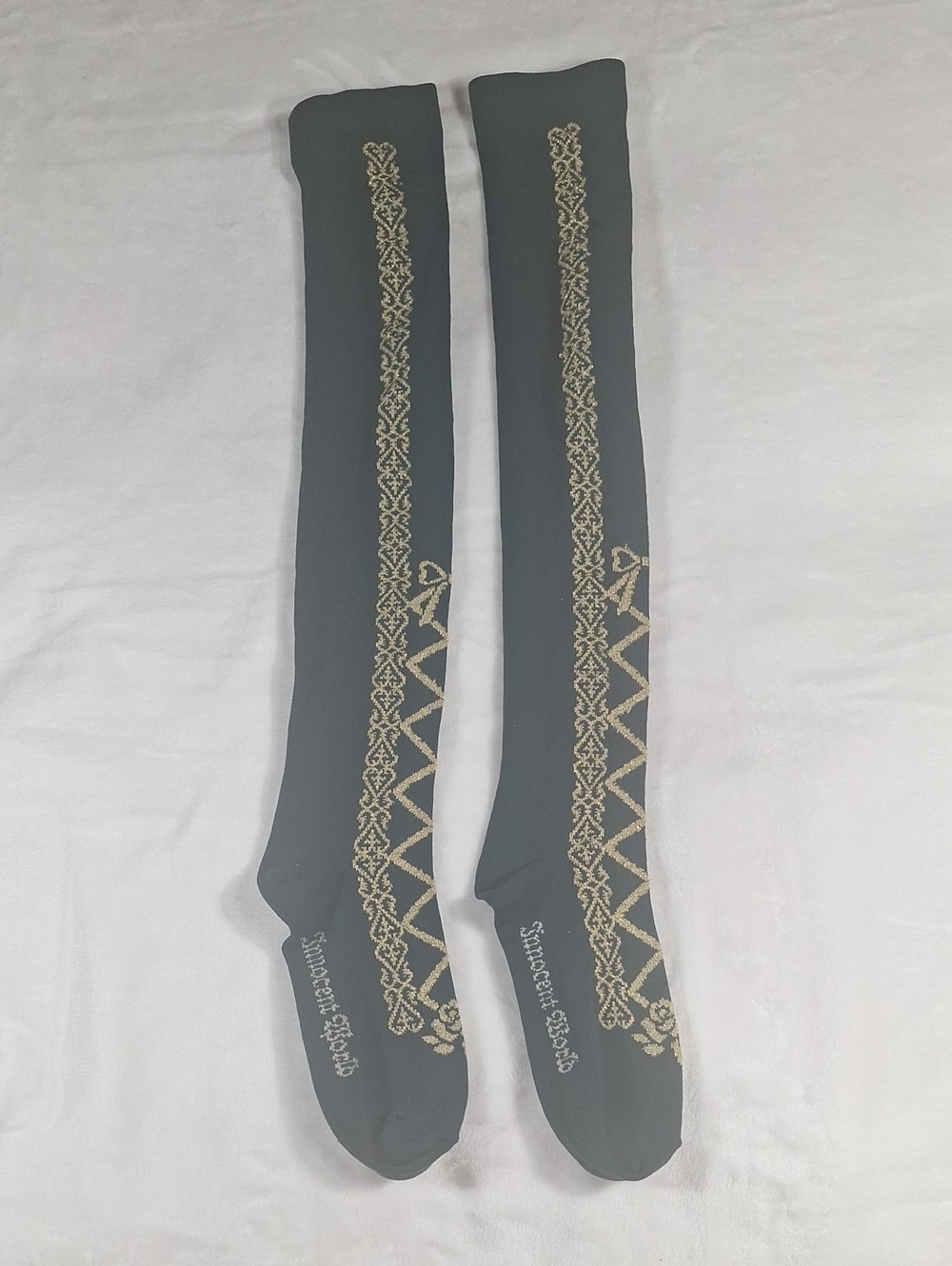 Innocent World Dark Green Lace-Up OTK Socks with Gold Thread Detail | Classic